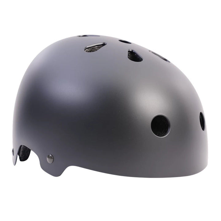 Side view of the Family BMX Helmet in matte black with multiple ventilation holes for cooling and a comfortable fit during rides.