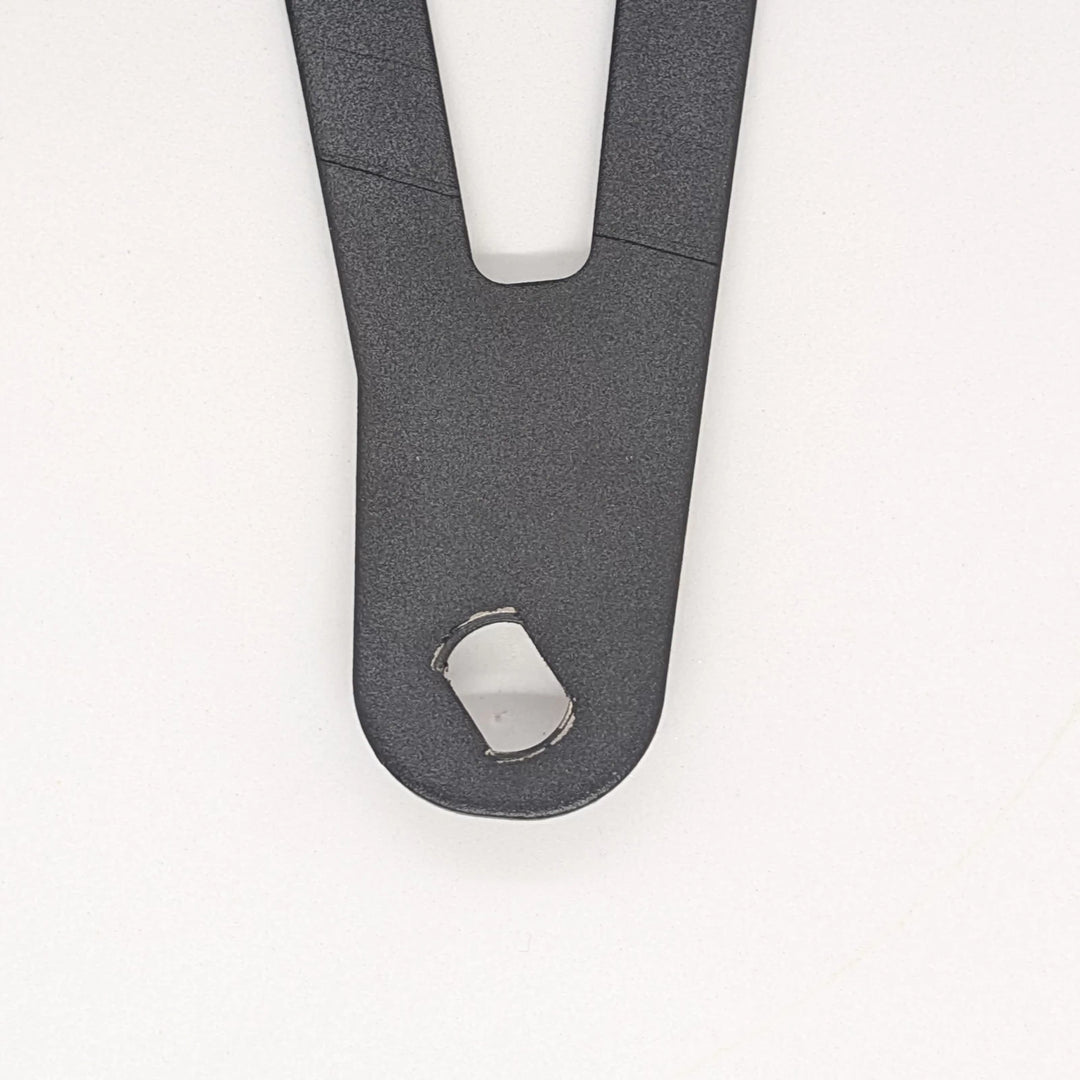 Close-up view of the OEM mounting hole for the FRONT fender of Bexly Blackhawk and Apollo Phantom V2, showing the angled mounting hole for correct front wheel fitment. 