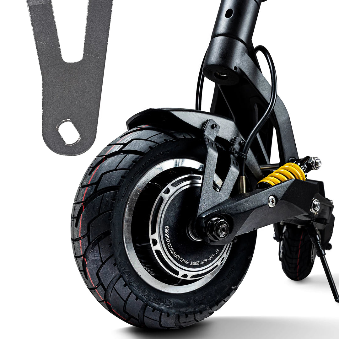 Close up view of OEM fender fitted to front wheel of a Bexly Blackhawk, with inset showing angled mounting hole.