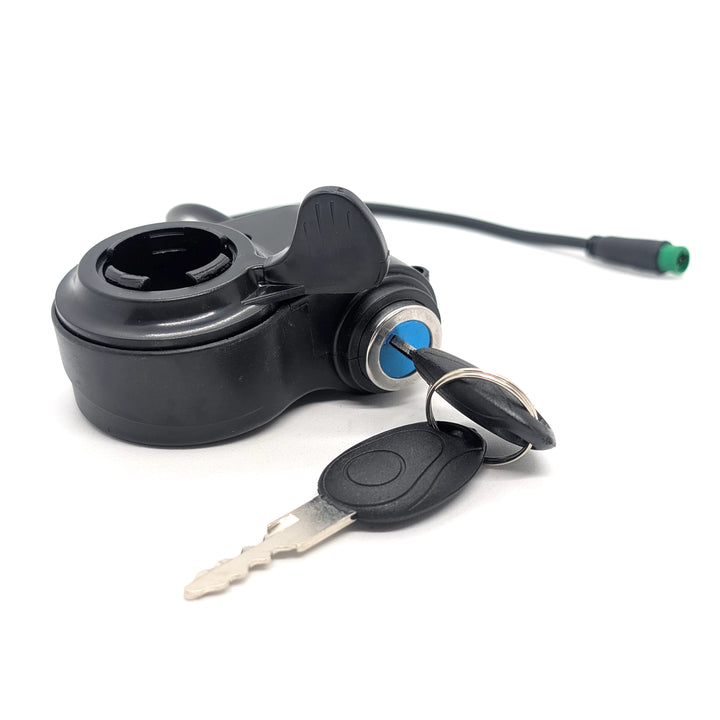 Replacement thumb throttle with integrated key ignition lock and two keys. Suits earlier version of Bexly Blackhawk.