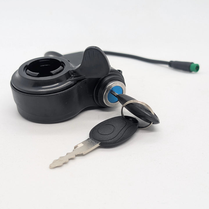 Angled view of the genuine replacement thumb throttle with integrated key ignition lock for earlier versions of the Bexly Blackhawk and Bexly Blackhawk Pro.