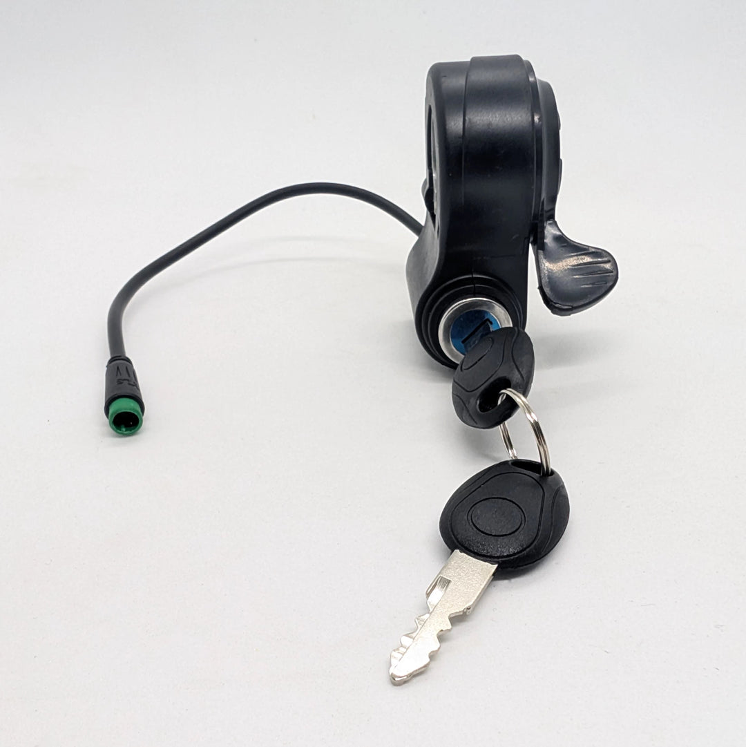 Front view of genuine replacement thumb throttle with integrated lock for earlier versions of the Bexly Blackhawk and Bexly Blackhawk Pro. Plug and play 5-pin male julet connector