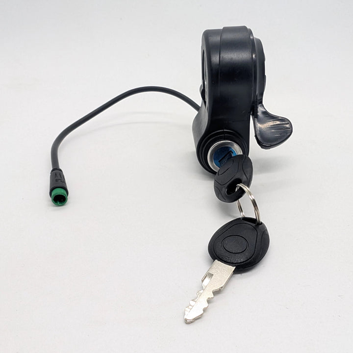 Front view of genuine replacement thumb throttle with integrated lock for earlier versions of the Bexly Blackhawk and Bexly Blackhawk Pro. Plug and play 5-pin male julet connector