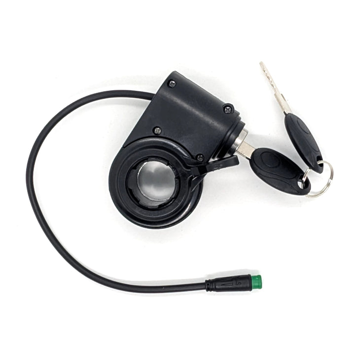 Side view of OEM replacement thumb throttle with integrated key ignition lock for early versions of the Bexly Blackhawk and Bexly Blackhawk Pro electric scooters.