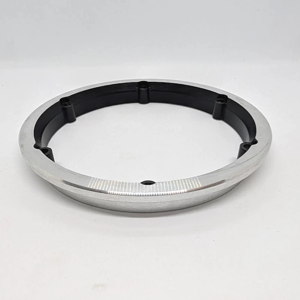 Low-angle view of CNC-machined motor hub rim for electric scooter