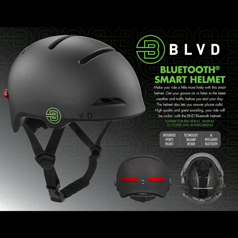 BLVD Bluetooth Smart Helmet with integrated speakers and rear voice-activated turn signal lights, suitable for biking, skating, scooters, and skateboarding.