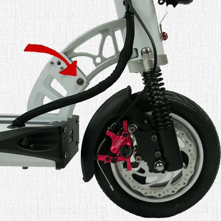 Location of main folding bolt on EMOVE Cruiser electric scooter, highlighting where to replace the bolt for secure folding mechanism.