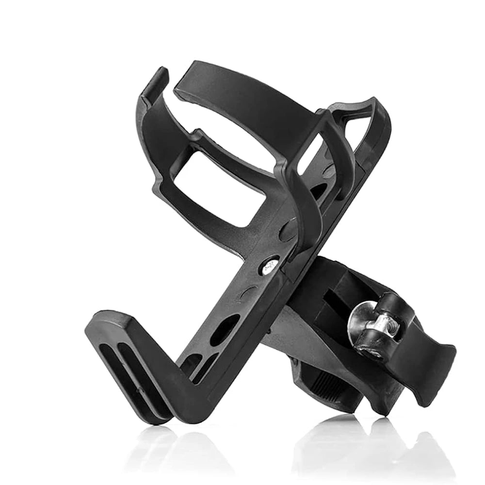 Close-up of black water bottle holder with adjustable clamp and eco-friendly design.