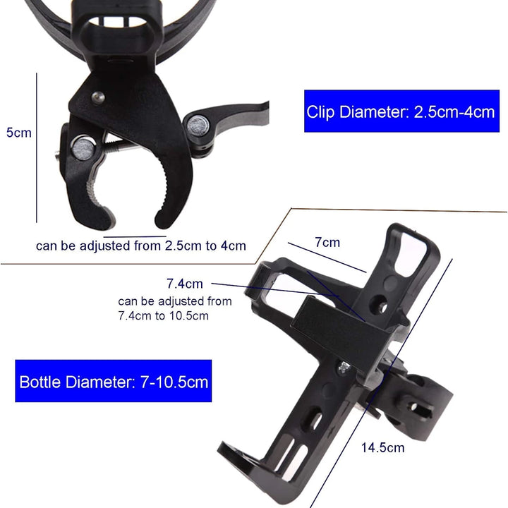 Dimensions of water bottle holder, supporting bottle diameters between 7-10.5 cm and clamps adjustable between 2.5-4 cm.