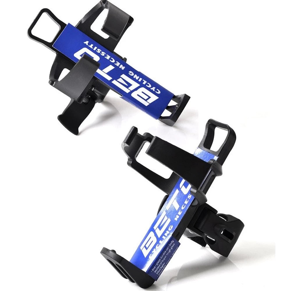 Two views of the adjustable water bottle holder, demonstrating versatile placement angles on e-bikes.