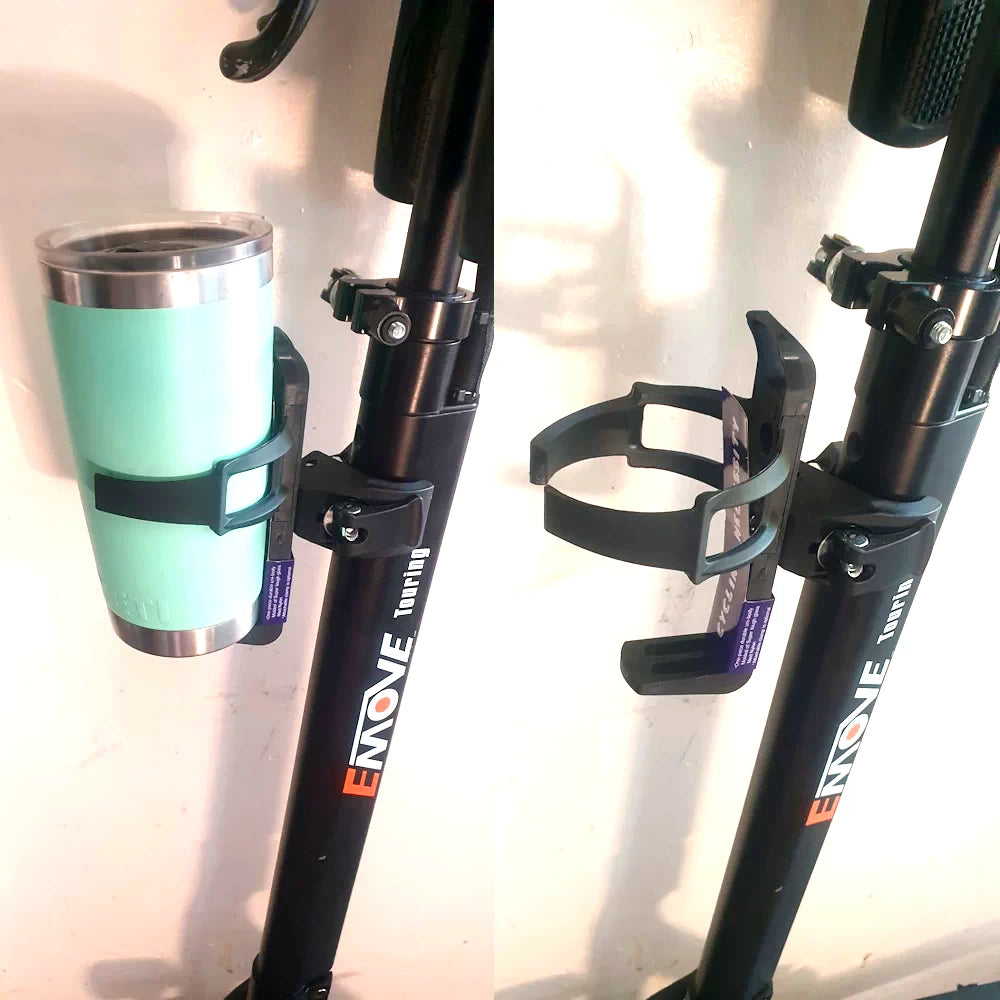 Montage of water bottle holder securely mounted on the stem of an EMOVE Touring, showing empty bottle holder and another image of the holder carrying a large Yeti travel cup.