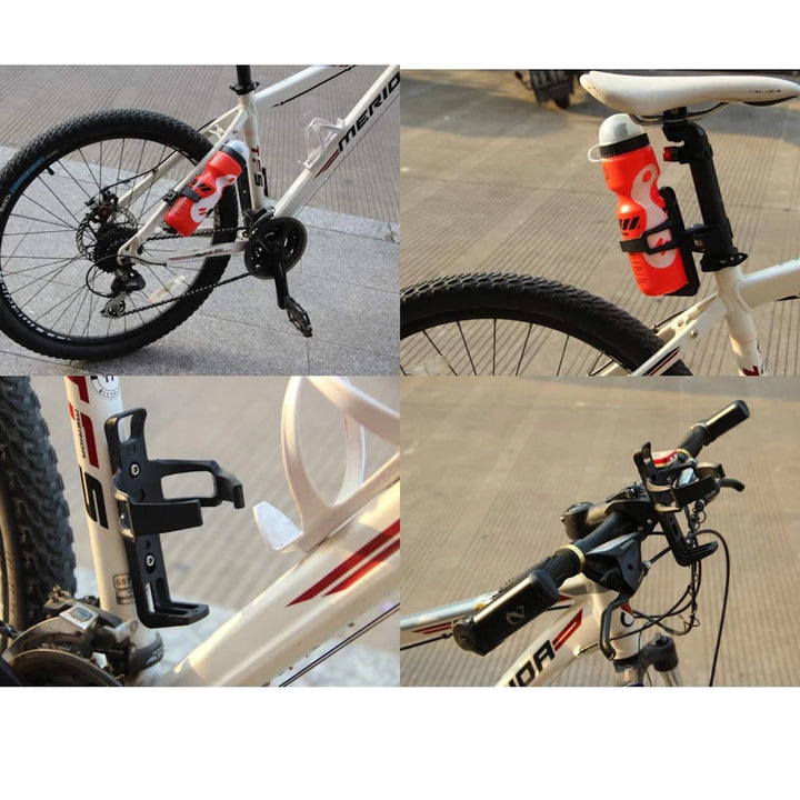 Water bottle holder mounted in different positions on a bike, showing flexible installation on seat post and handlebar.