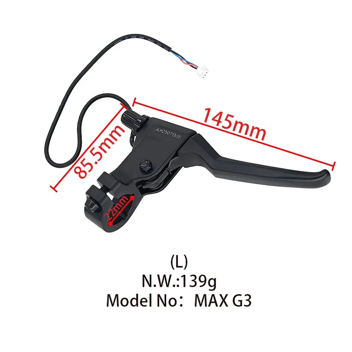 Left brake lever underside view for Ninebot Max G3 showing clamp and wiring