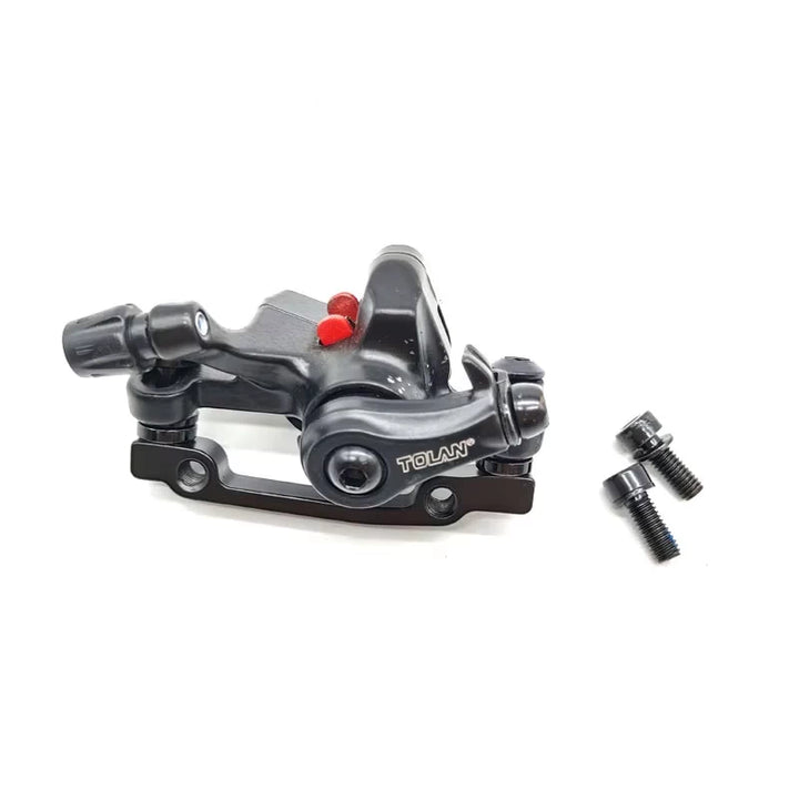 Side view of black TOLAN mechanical brake caliper with mounting bolts for Kugoo G-Booster (A-Type)