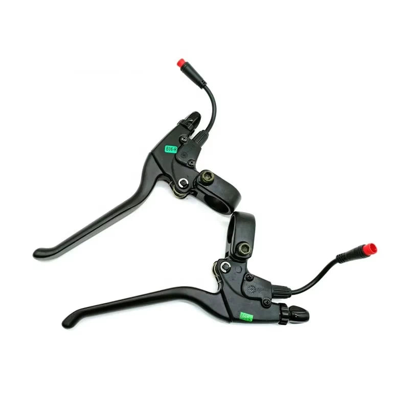 Underside view of electric scooter brake levers with Julet 2-pin plug.