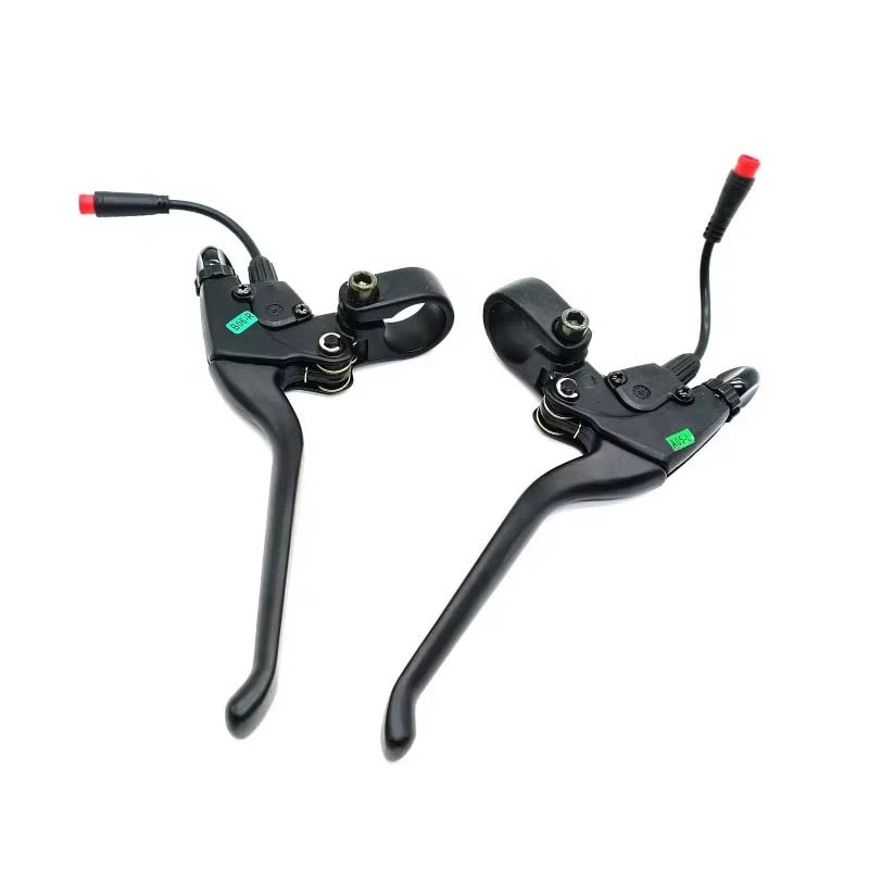 Close-up of brake lever set showing 2-pin male Julet electric plugs