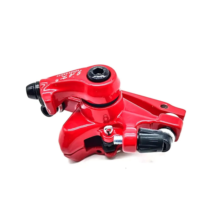 Angled view of red mechanical brake caliper body