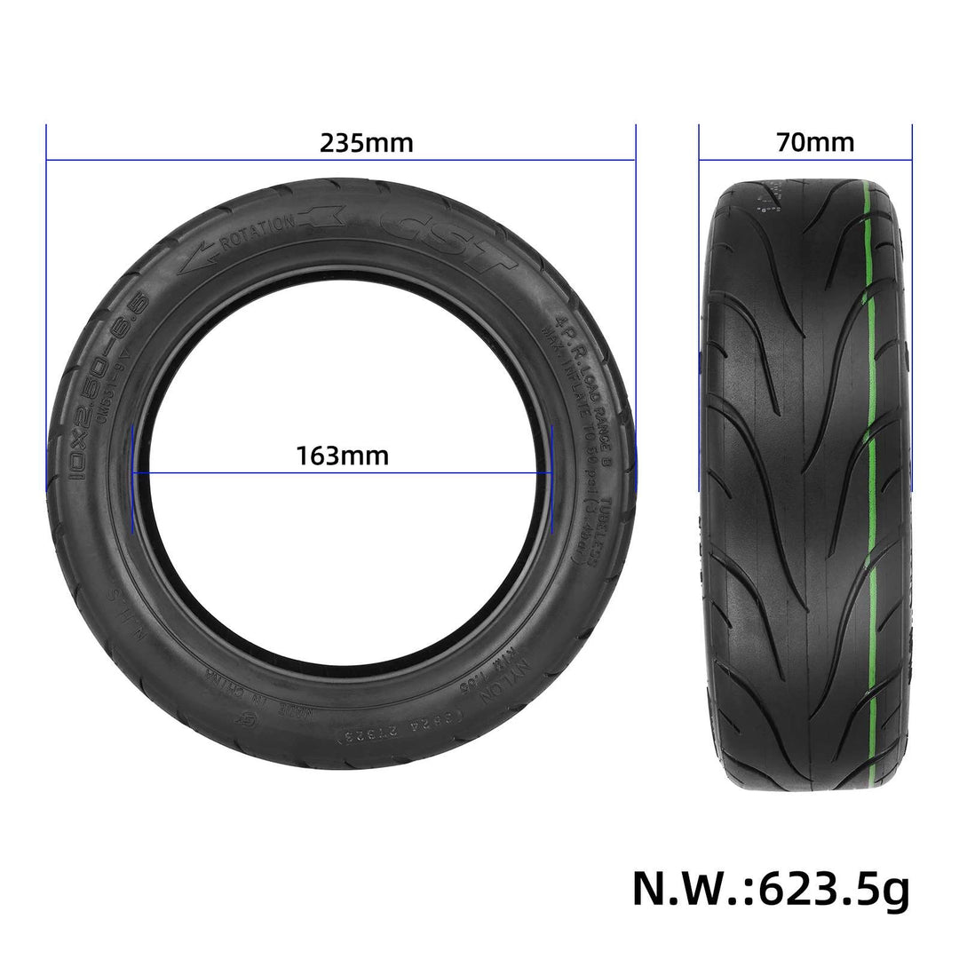 Dimensions of the CST 10x2.50-6.5 Tubeless Tyre, showing tyre width of 70mm, and outer diameter of 235mm and an inner diameter of 163mm.