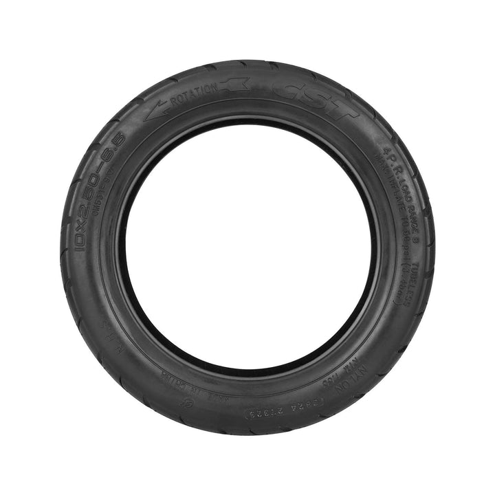 Side profile of CST 10x2.50-6.5 Tubeless Tyre whowing tyre markings on tyre sidewall EcoMotion.