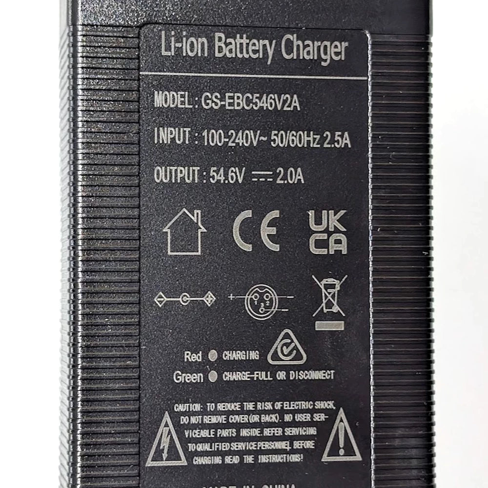 RCM approved 48V lithium battery charger label showing 54.6V 2A output