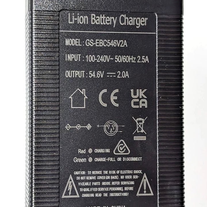 RCM approved 48V lithium battery charger label showing 54.6V 2A output