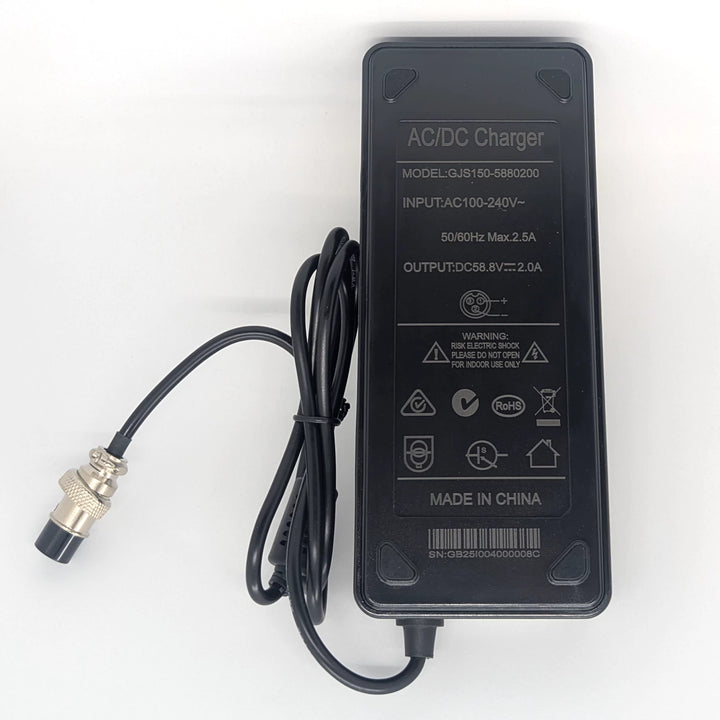Rear view of the 58.8V 2A charger with the 3-pin GX16-3 plug for 52V electric scooters, showing the alternative wiring configuration of positive at #1 and negative at #2, plus RCM Certification tick, for EMOVE Cruiser & EMOVE Cruiser S.