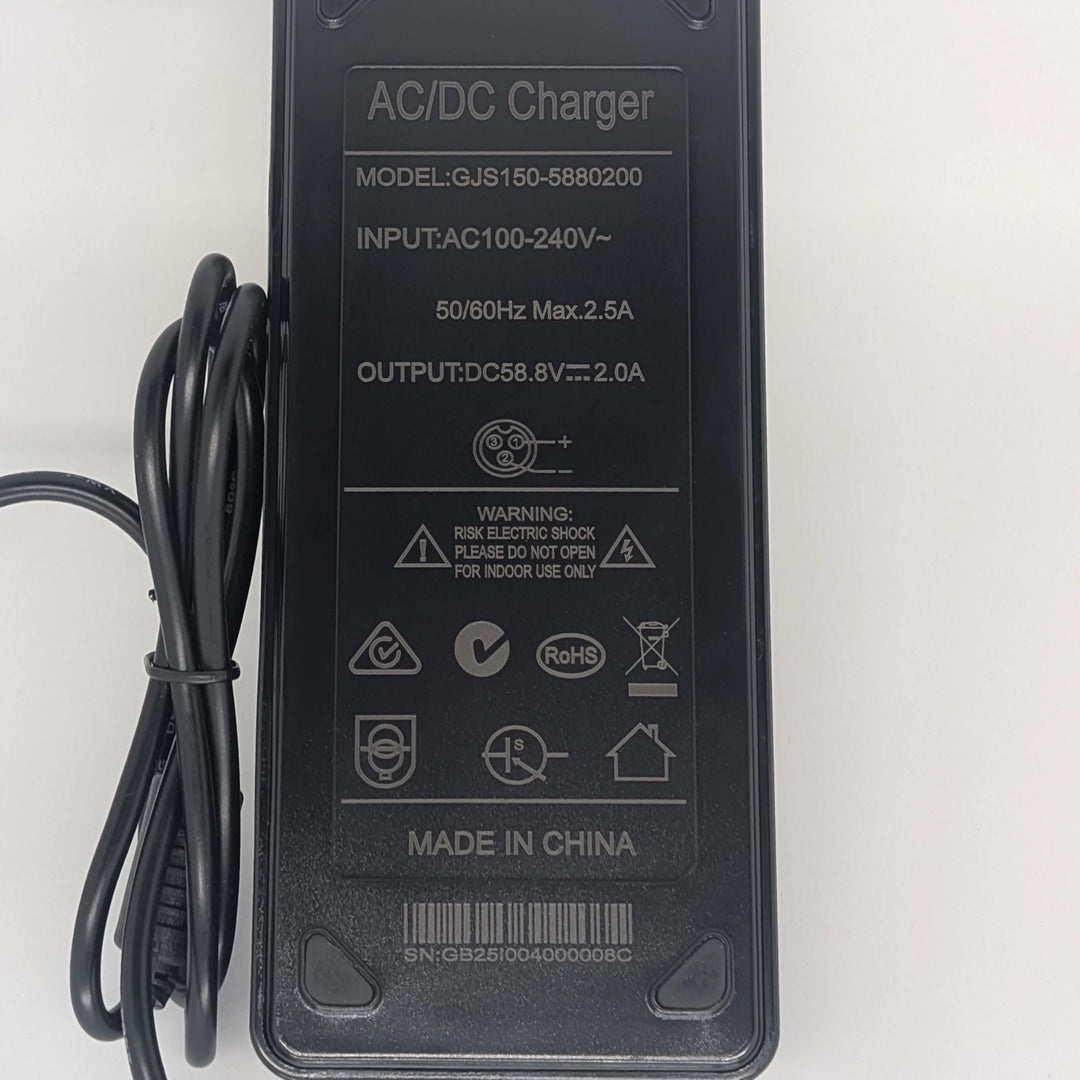 Close up of the specification plate of the 58.8V 2A charger with the 3-pin GX16-3 plug for 52V electric scooters, showing the alternative wiring configuration of positive at #1 and negative at #2, plus RCM Certification tick, for EMOVE Cruiser & EMOVE Cruiser S.