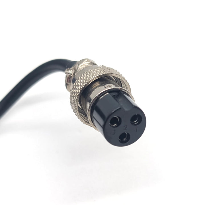 Close-up view of the 3-pin GX16-3 plug on the RCM Certified Charger from EcoMotion, Melbourne Australia.