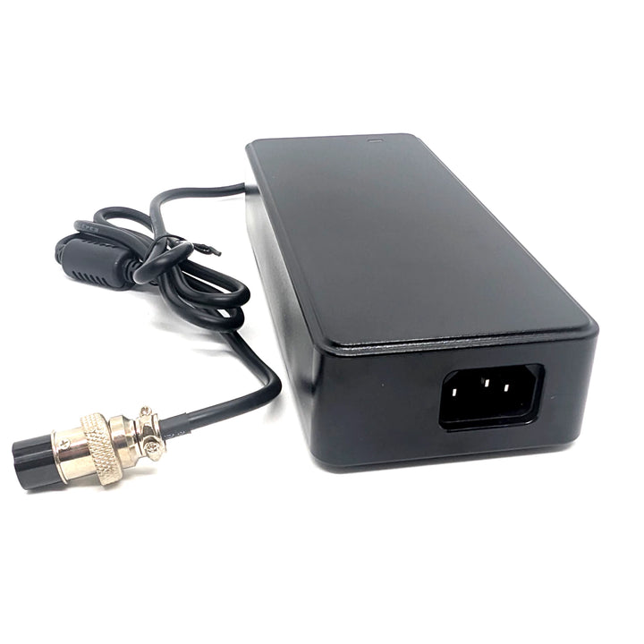 Close up view of the superior IEC320-C14 3 pin power input connection, and the GX16-3 plug on EcoMotion's RCM Certified charger