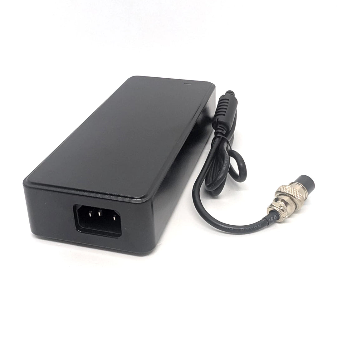 Front angled view of the 58.8V 2A RCM Certified charger with the 3-pin GX16-3 plug for 52V electric scooters, including superior IEC320-C14 3 pin power input connection