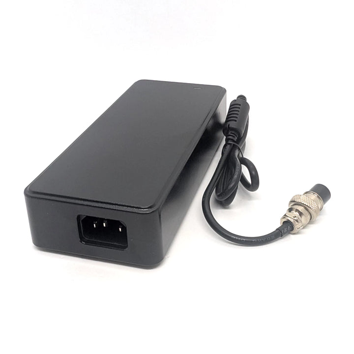 Front angled view of the 58.8V 2A RCM Certified charger with the 3-pin GX16-3 plug for 52V electric scooters, including superior IEC320-C14 3 pin power input connection