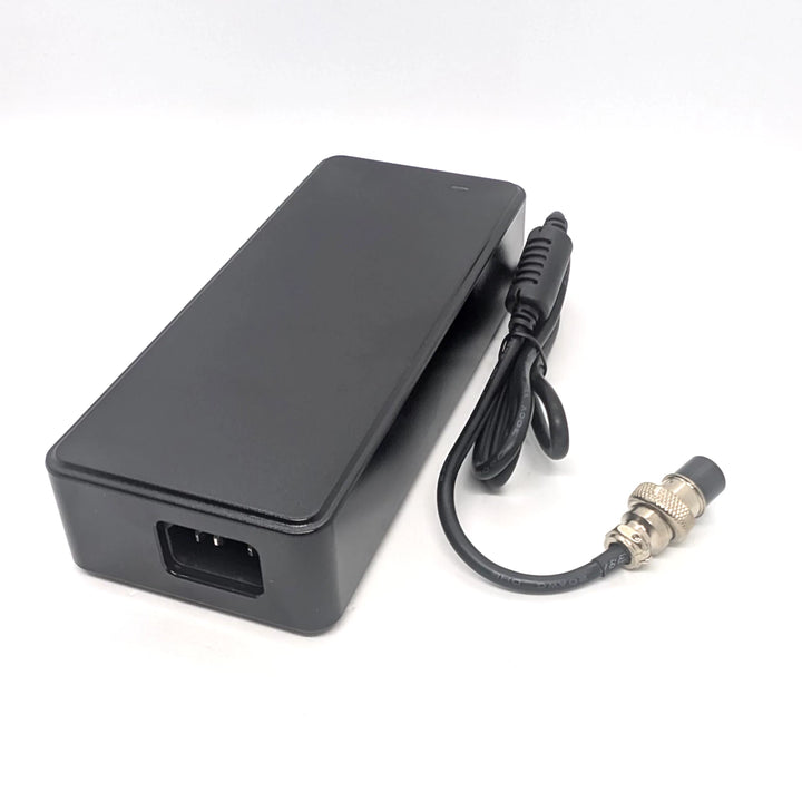 Hero view of the 58.8V 2A Certified charger with the 3-pin GX16-3 plug for 52V electric scooters, including superior IEC320-C14 3-pin power input connection