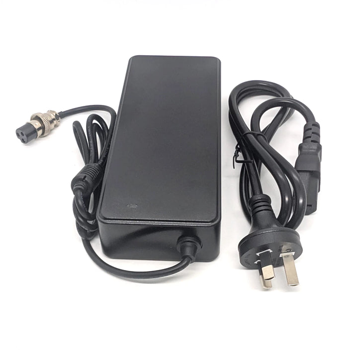Front view of the 58.8V 2A RCM Certified charger with the 3-pin GX16-3 plug for 52V electric scooters, including superior IEC320-C14 3 pin power input cable with Australian plug.