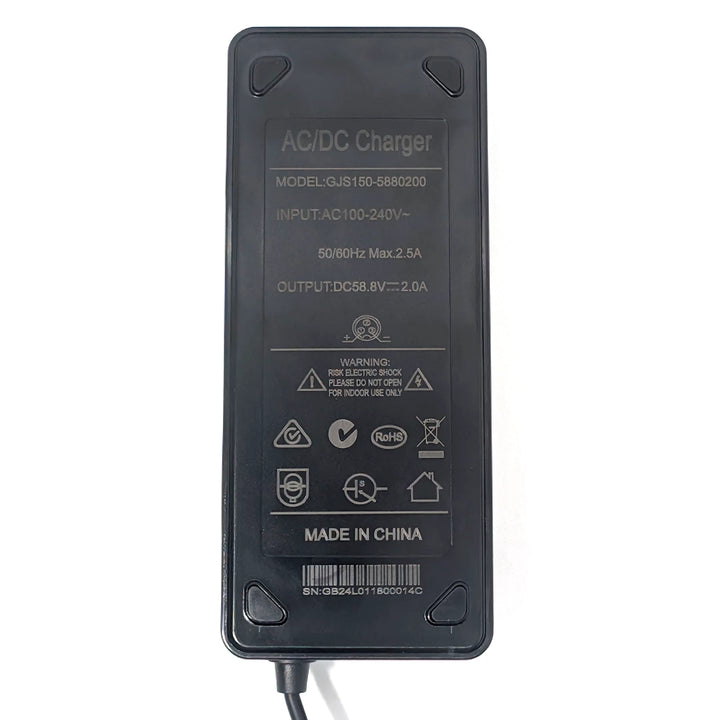 Rear view of the 58.8V 2A charger with the 3-pin GX16-3 plug for 52V electric scooters, showing the standard wiring configuration of positive at #1 and negative at #3, plus RCM Certification tick.