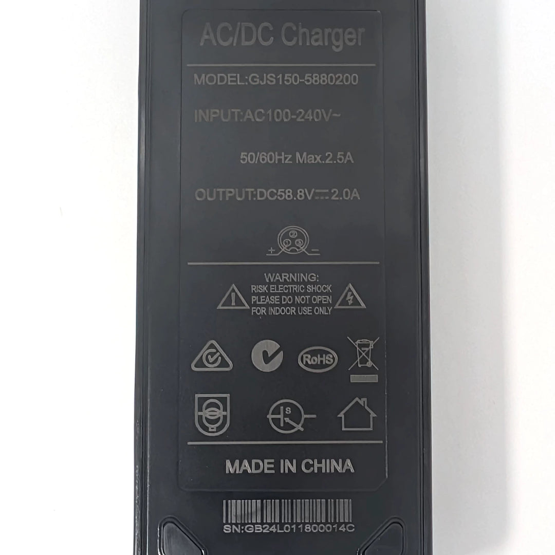 Close-up view of the specification plate on EcoMotion's 58.8V 2A charger with the 3-pin GX16-3 plug for 52V electric scooters, showing the standard wiring configuration of positive at #1 and negative at #3, plus RCM Certification tick.