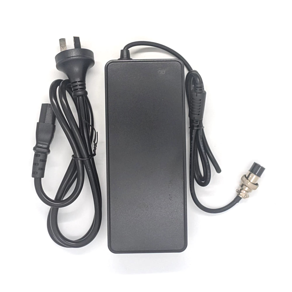 Top view of the 58.8V 2A RCM Certified charger with the 3-pin GX16-3 plug for 52V electric scooters, including superior IEC320-C14 3 pin power input connection