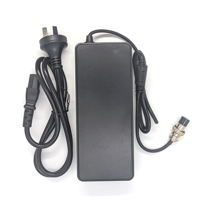 Top view of the 58.8V 2A RCM Certified charger with the 3-pin GX16-3 plug for 52V electric scooters, including superior IEC320-C14 3 pin power input connection
