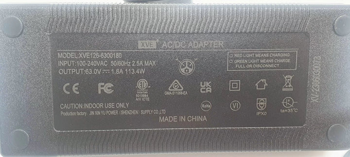Detailed close-up of specifications panel of XVE126-6300180 Charger (63V 1.8A)/AC Power Adapter for Inmotion 1S