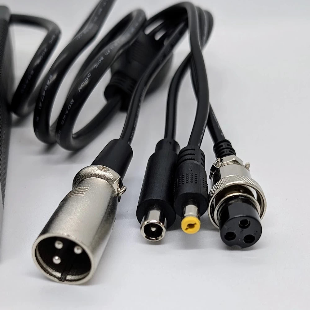 48V 54.6V 2A electric scooter charger with four plugs – Xiaomi/Segway + DC2.1 + GX16-3 and XLR.