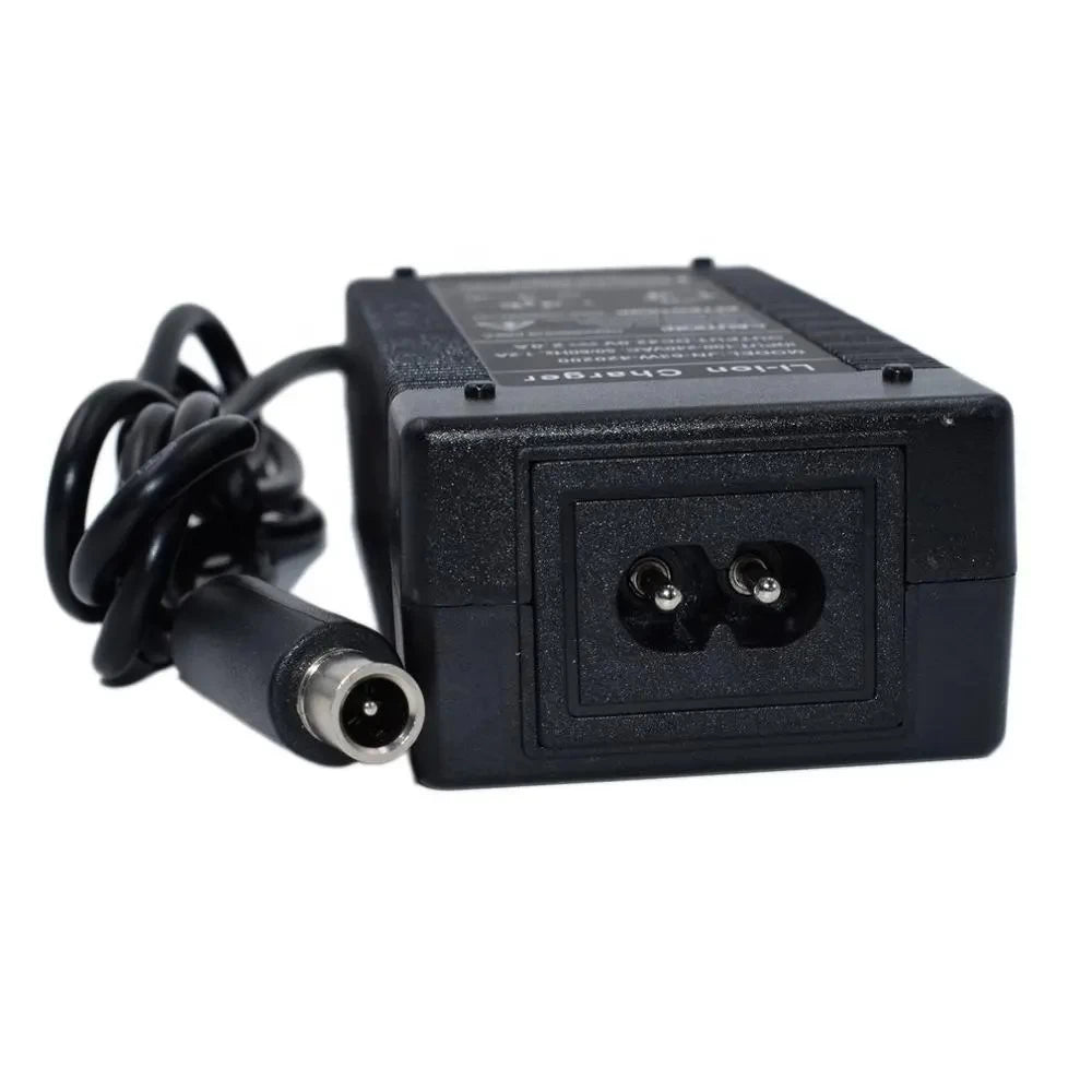 Close-up view of the 1-pin (Xiaomi/Ninebot) plug on the 54.6V 2A Charger for 48V Kukirin G2 Pro, G2 Max and G2 Master