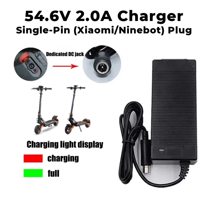 Close-up view of the 1-pin (Xiaomi/Ninebot) plug, the compatible charging port and the light charging indicators