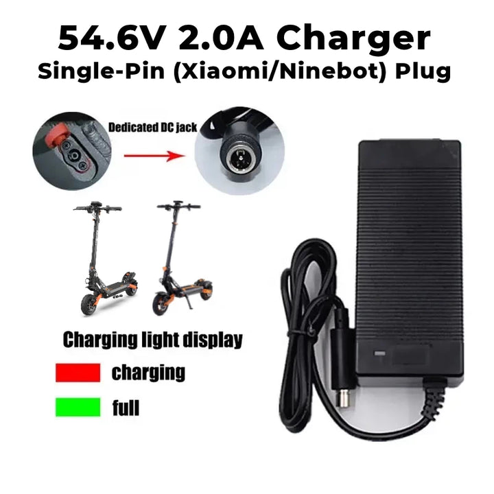 Close-up view of the 1-pin (Xiaomi/Ninebot) plug, the compatible charging port and the light charging indicators