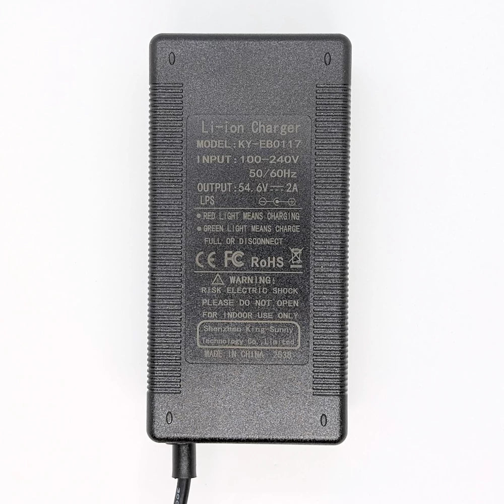 Label view showing charger model specifications (54.6 V 2 A) and certifications.