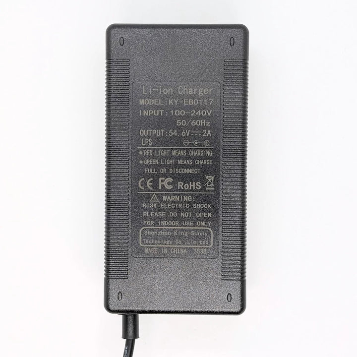 Label view showing charger model specifications (54.6 V 2 A) and certifications.