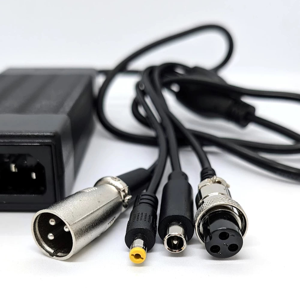 42V 2A electric scooter charger with XLR, GX16-3, DC 2.1 and Xiaomi Ninebot charging plugs, suitable for a wide range of 36V Electric Scooters and E-Bikes.