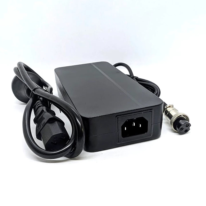 GX16-3 48V 4A Fast Charger for electric scooters, with close-up inset of GX16-3 Female Plug and high quality IEC320-C14 Power input plug.