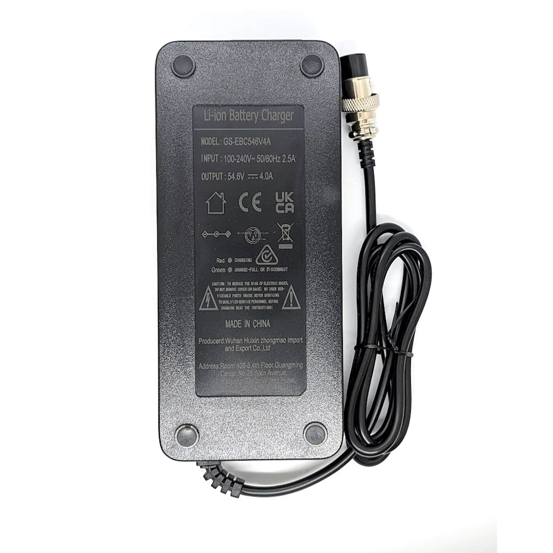 Underside specification plate of the 48V 4A Fast Charger for electric scooters, including the Regulatory Compliance Mark (RCM), a trademark of Australian regulatory authorities, ensuring the charger meets Australian electrical safety standards.