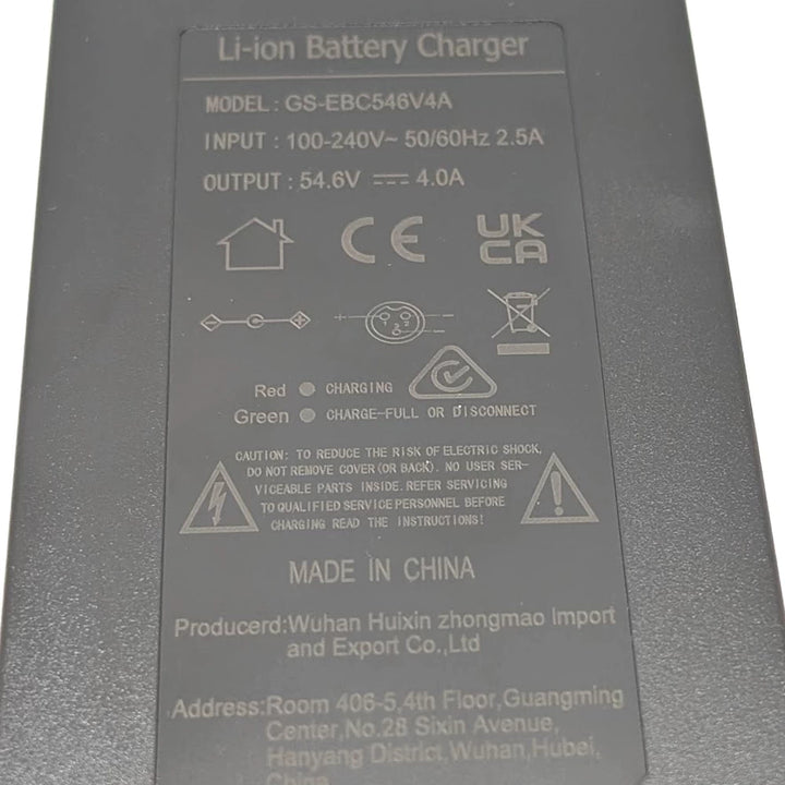 Close up of the specification plate of the 48V 4A Fast Charger for electric scooters, including the Regulatory Compliance Mark (RCM) and the universal wiring diagram, showing Positive at Pin #1 and Negative at Pin #2 AND Pin #3.