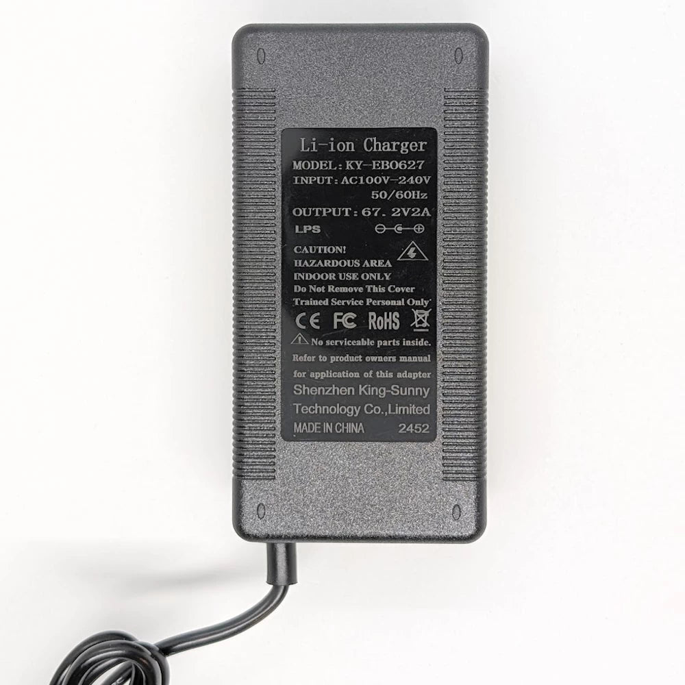 Label view showing charger model specifications (67.2V 2A) and certifications.