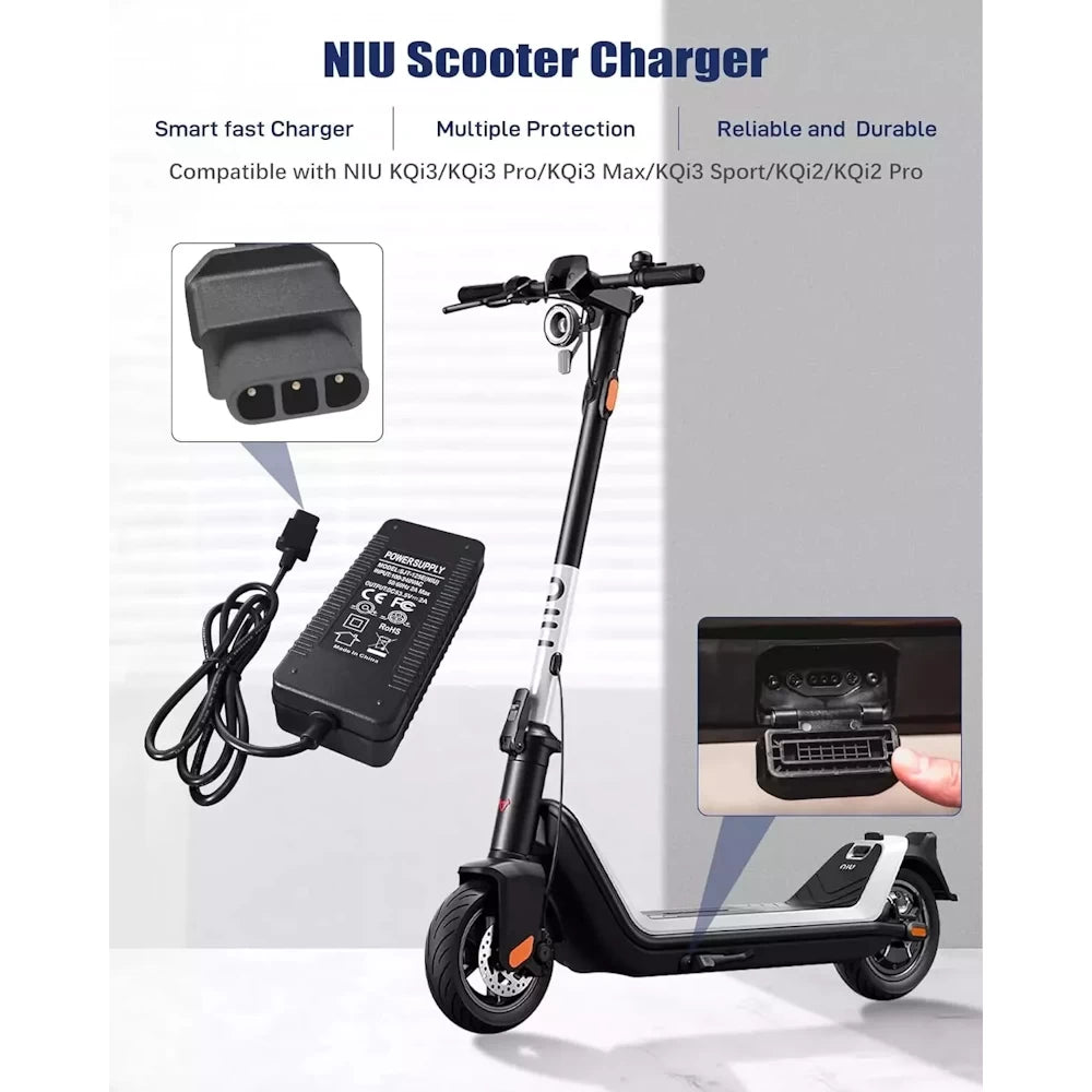 Close up of NIU plug and charging port, compatible with NIU KQi3, KQi3 Pro, KQi3 Max, KQI3 Sport, KQi2 & KQi2 Pro